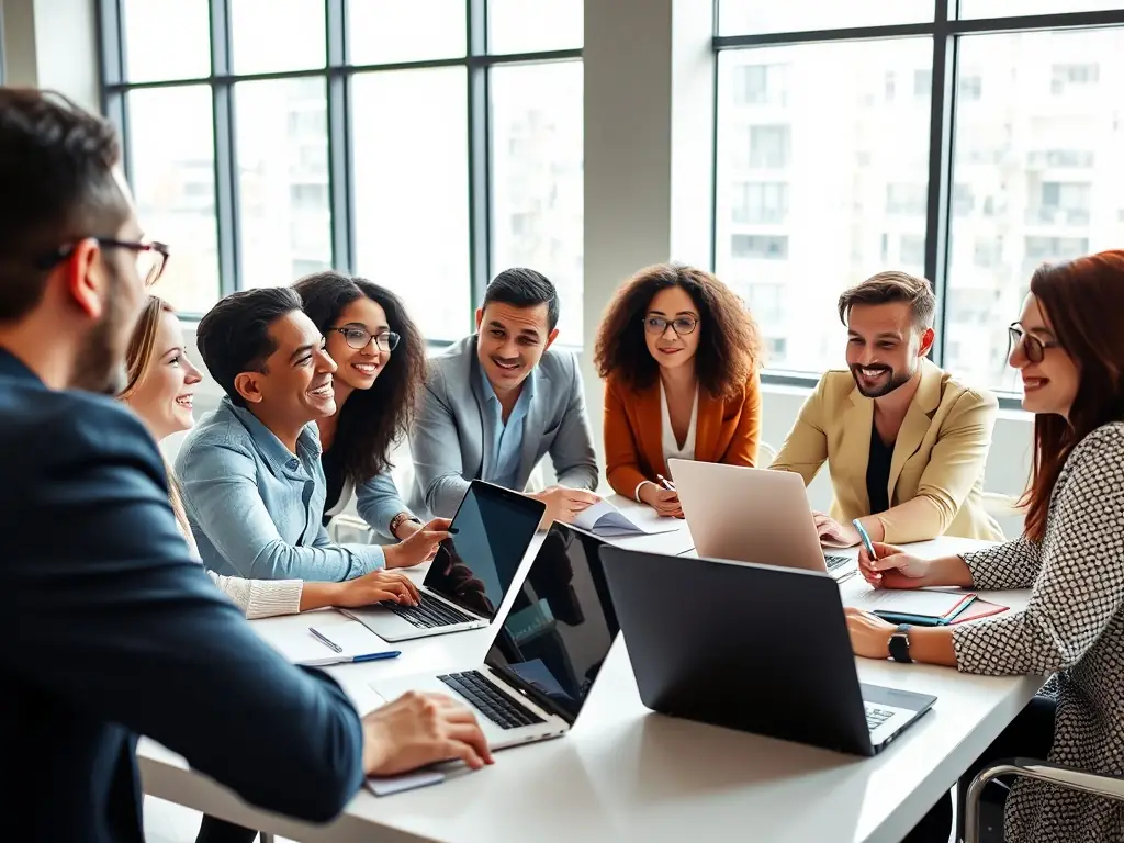 An image of a diverse group of professionals engaged in a leadership workshop, with a focus on collaboration and strategic planning, reflecting the Leadership Development program.